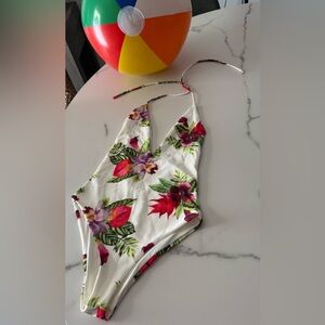 Privacy Please White Floral One-Piece with Red and Purple Accents